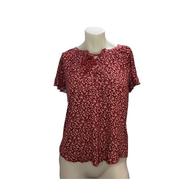 Chaps Women's Short Sleeve Peasant Top Small NWT Red Flower Print Tie Detail - Picture 2 of 6